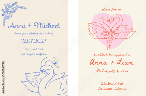 Hand drawn save the date wedding invitation template with vintage girlie doodles and retro swan line art illustrations