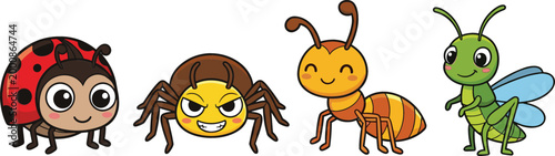 Cute insects set with ladybug spider ant and grasshopper cartoon vector illustration isolated on white background for kids and nature design