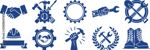 Industry and labor symbols silhouette vector illustration with industry construction handshake strength profession mechanical silhouette vector illustration