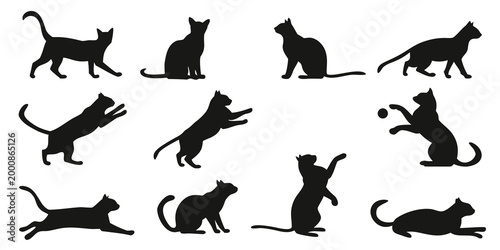 Six black cat silhouettes demonstrating athletic and calm behaviors including leaping deep stretching sitting upright isolated on a white background silhouette stretching collection movement