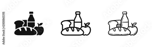 Breakfast and Food Staples Icon Set Featuring Bread, Milk Bottle, and Apple