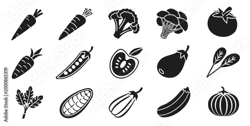 Large set of vegetable and agricultural crop icons featuring onion garlic wheat lettuce pepper corn vegetable broccoli agriculture vegetarian nutrition ingredient collection silhouette