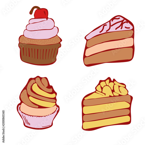 Vector set of various sweet desserts, for bakery menus, patisserie branding, and celebratory designs