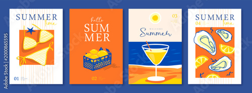 Set of summer Italian posters or covers with cocktail, bikini, lemons, oysters, starfish and beach landscape. Vector illustration