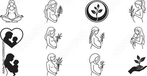 Motherhood and pregnancy line art icon set featuring maternal care botanical wellness and maternity silhouette illustrations