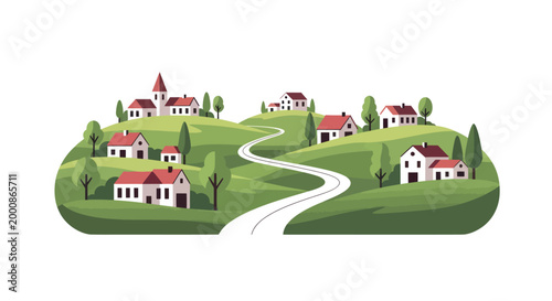 Houses on a green hillside village.