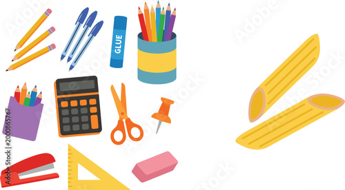 School supplies and penne pasta arranged against white background for educational or culinary themes