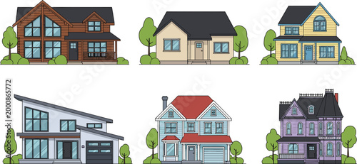 Residential House Facade Collection Modern Suburban Family Home Exterior Architecture Vector Illustration Set