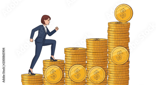 Businessman climbing stack of gold coins.