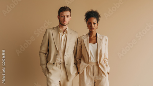 Elegant Duo in Neutral Tones: A stylish man and woman strike a pose, exuding confidence in chic matching outfits against a sophisticated background.