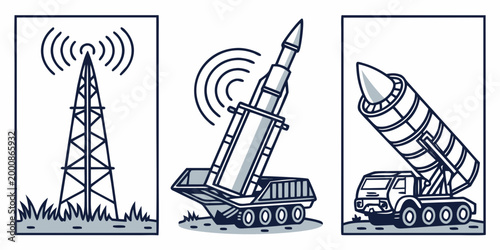 Military defense technology icons featuring radar tracking screen systems cargo transport truck for logistics and guided missile rocket silhouettes for security design military tracking transport