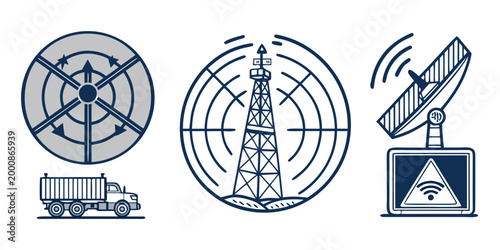 Collection of military missile launch system icons and circular emblems showing truck mounted mobile launcher and ballistic rocket silo storage for defense technology graphics with military, circular