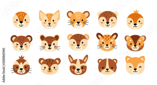 Collection of cute cartoon animal faces.