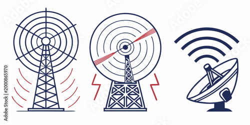 Aerospace and surveillance illustrations showing radar antenna communication dish on a hill and vertical rocket launch for space exploration or tactical defense systems with satellite, exploration
