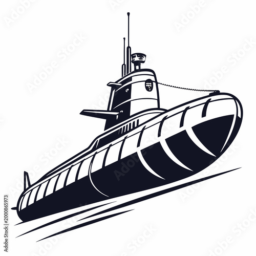 Modern military submarine illustration showing hull details conning tower and periscope in black and white line art style for naval defense and maritime transport concepts with submarine, underwater