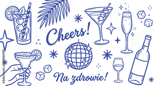 Cheers & Party Elements Illustration: This whimsical illustration showcases various celebratory elements, including cocktail glasses and festive decor.