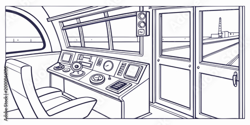 Driver's cab interior of a modern train featuring a control console with buttons and gauges overlooking the railroad tracks interior dashboard transport transportation locomotive railroad