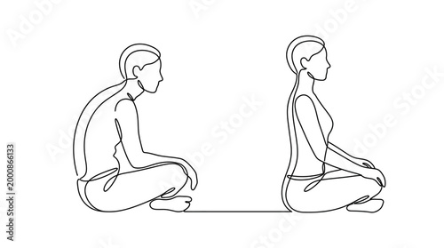 Continuous line art illustration of human posture comparison showing bad vs good sitting habits.