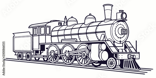Detailed line art illustration of a steam locomotive train traveling on tracks with smoke locomotive railroad transport transportation illustration heritage industrial mechanical engineering