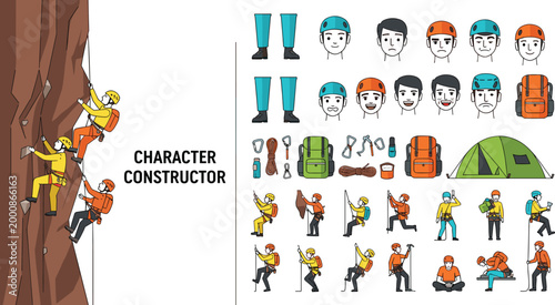 Rock Climber Character Constructor Set with Equipment Poses Helmets Backpack Tent and Climbing Activities Vector Illustration