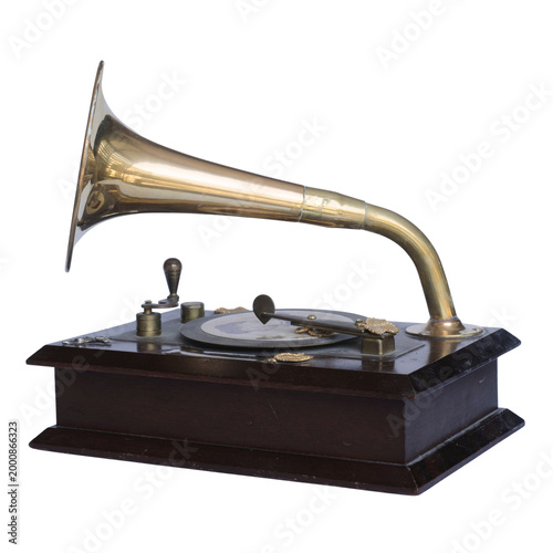 Vintage style gramophone music box featuring a wooden base and a brass horn.