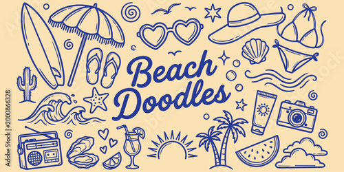 Beach Doodles: A collection of beach-themed hand-drawn doodles, capturing the essence of a sunny day by the sea and evoking feelings of relaxation and joy.