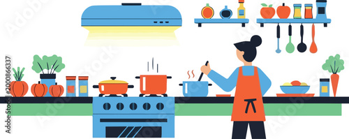 Woman cooking in a kitchen with pots, utensils, and vegetables on the counter.