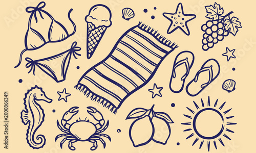 Summer Daydream: An array of summer essentials, including a bikini, ice cream, beach towel, flip-flops, starfish, seashell, grapes, seahorse, crab, lemons, and a sun.