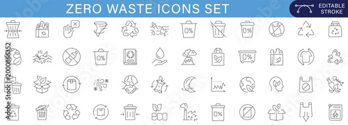 Zero waste icons set featuring recycling, sustainability, eco lifestyle, environmental protection, green energy, waste management, reusable products, circular economy line vector collection editable