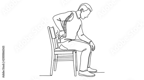 Continuous line drawing of a man sitting on a chair suffering from severe back pain.