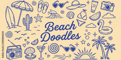 Beach Doodles: A collection of beach-themed doodles creates a fun and inviting scene, capturing the essence of a summer escape.