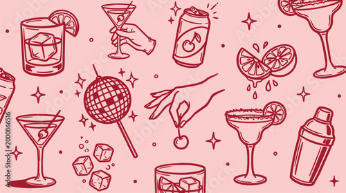 Cocktail Illustration: An animated display of cocktail elements on a background, showcasing a diverse array of classic cocktail images with drinks and ingredients. 
