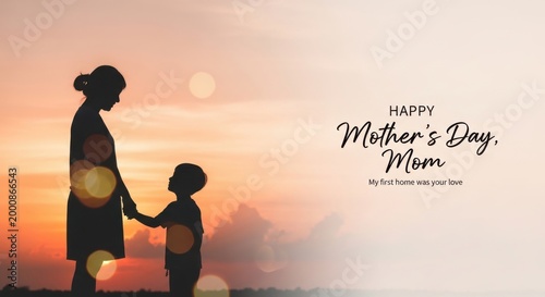 Happy Mother's Day Mom greeting card, silhouette of mother and son at sunset, emotional family bond against golden sky, parental love concept