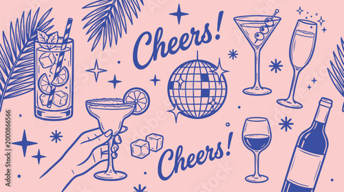 Cheers to Celebration: A vibrant illustration showcasing an array of drinks and festive elements, perfect for celebrating moments.