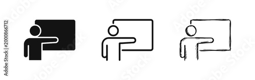 Teacher or Speaker Presentation Icon Set with Person Pointing to Blackboard in Three Styles