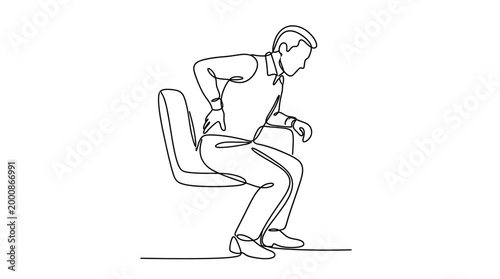 Continuous line drawing of a man sitting in a chair with back pain.