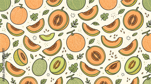 Seamless Melon Fruit Pattern with Cantaloupe Slices and Leaves for Summer Textile Design