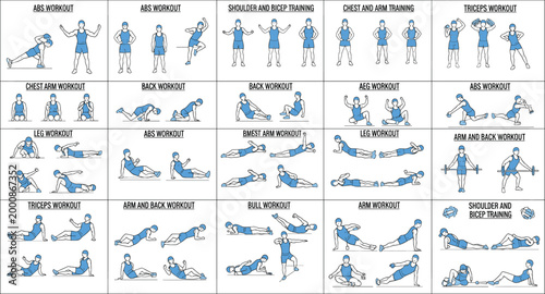 Full Body Workout Exercise Routine Set Including Abs Back Chest Arm Shoulder and Leg Training Vector Illustration Collection