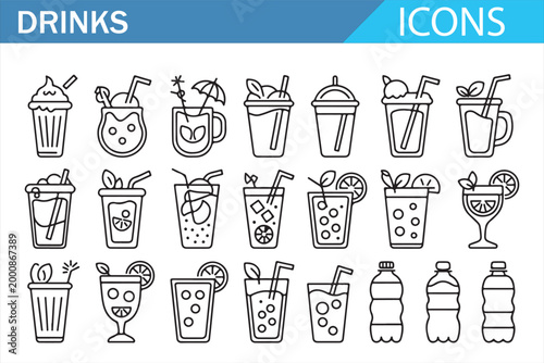 Cafe Drink Icon Set with Smoothie Boba Soda and Takeaway Cups