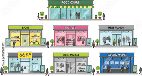 Shopping Mall Storefront Collection Including Food Court Boutique Supermarket and Electronics Retail Shops Vector Illustration Set