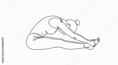Continuous line drawing of a woman performing a seated forward fold yoga pose.