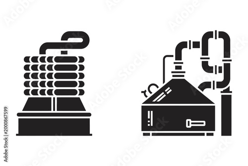 Sugar cane processing machine and distillation apparatus illustration, agricultural industrial equipment for extraction and purification