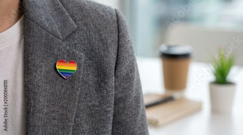 Rainbow Stripe Heart Pin Badge, Smart Casual Jacket, Close Up, Minimal. LGBTQ+ Pride Month at Work. Equality, Diversity, Human Rights. Awareness, Social Responsibility, Entrepreneur, Manager, Employee