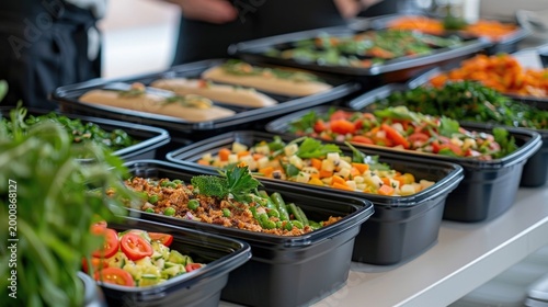 Neatly arranged rows of diverse healthy food options including fresh salads and prepared dishes in individual black takeaway containers ideal for business catering and event service