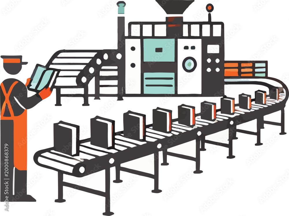 Fototapeta premium Worker overseeing book production on a conveyor belt