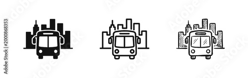 City Bus Icon Set - Urban Public Transportation and Commuter Travel Concept