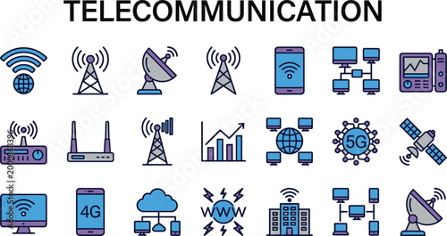 Telecommunication technology concept with network devices wireless signals satellite systems mobile connectivity and digital communication infrastructure icons set