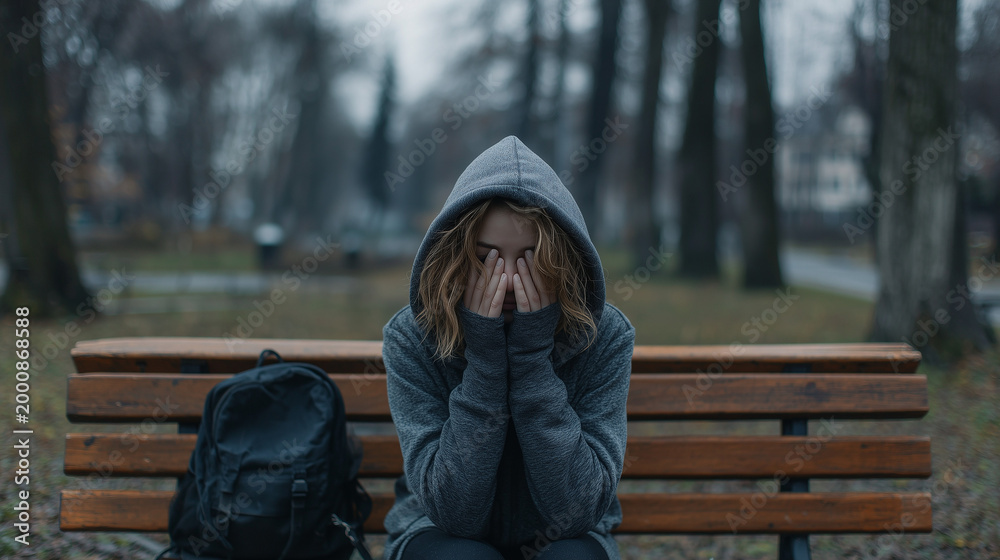 Fototapeta premium Depressed teenage girl wearing a hoodie sat on a wooden bench in a park, covering her face with her hands. She appeared isolated and socially anxious.