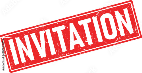 Grungy red rectangle stamp with the word Invitation printed in bold white letters
