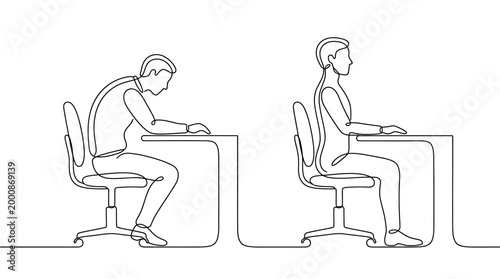 Continuous line drawing of bad and good sitting posture at desk.